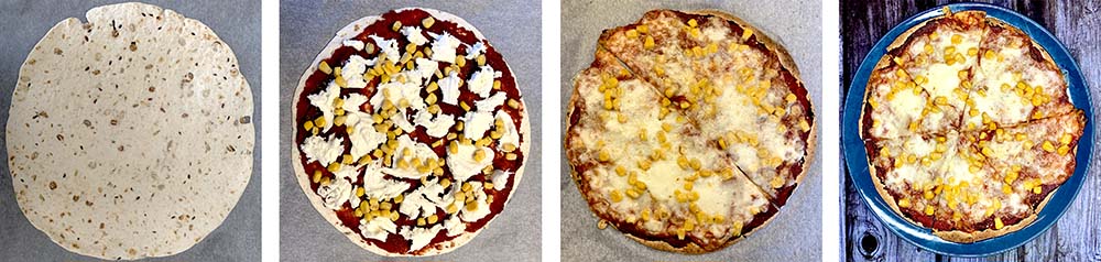 postup prípravy pizze z tortilly v jednotlivých krokoch