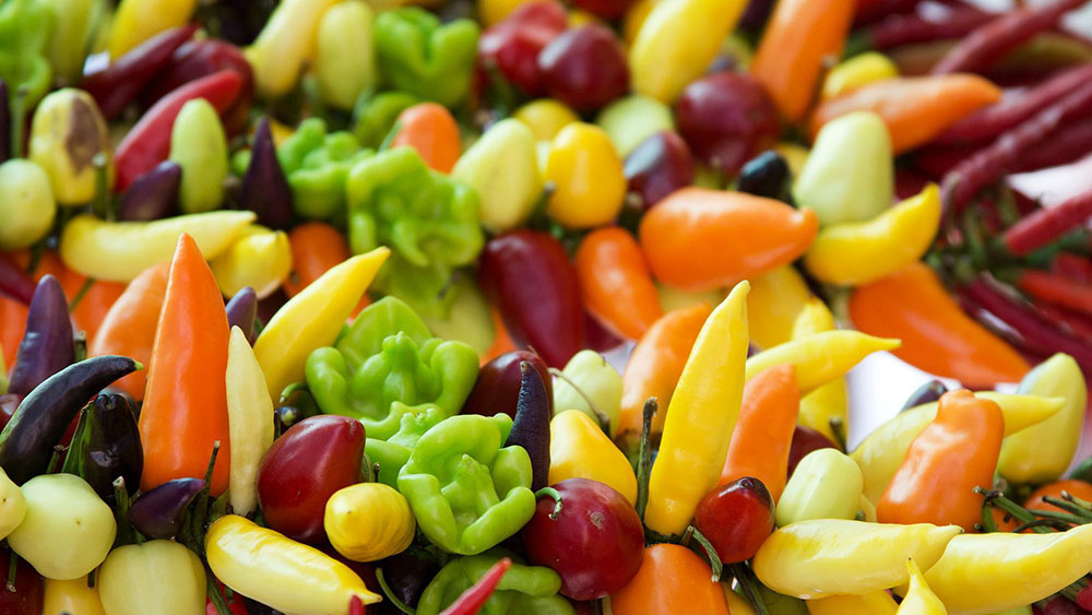 detail rôznych druhov chilli papričiek v rôznych sfarbeniach